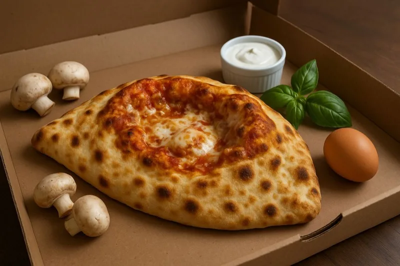 Le Chausson Berger - Base tomate, Mozza, Emmental, Lardons, Champignons, Fromage de Chèvre, Pointe de Crème, Olives, Origan