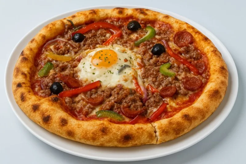 Carnivore - Base tomate, Mozza, Emmental, Chorizo, Merguez, Viande Hachée, Oignons, Poivrons, Oeuf, Olives, Origan