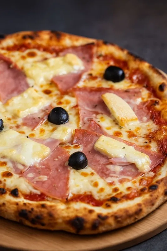 Raclette - Base tomate, Mozza, Emmental, Pommes de terre, Jambon, Bacon, Raclette, Olives, Origan