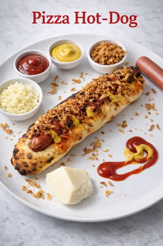 Formule 1 — Pizza Hot-Dog - Pizza Hot-Dog (Mozza, Saucisse de Volaille spéciale Hot-Dog, Moutarde, Ketchup, Oignons frits) + 1 boisson 33cl